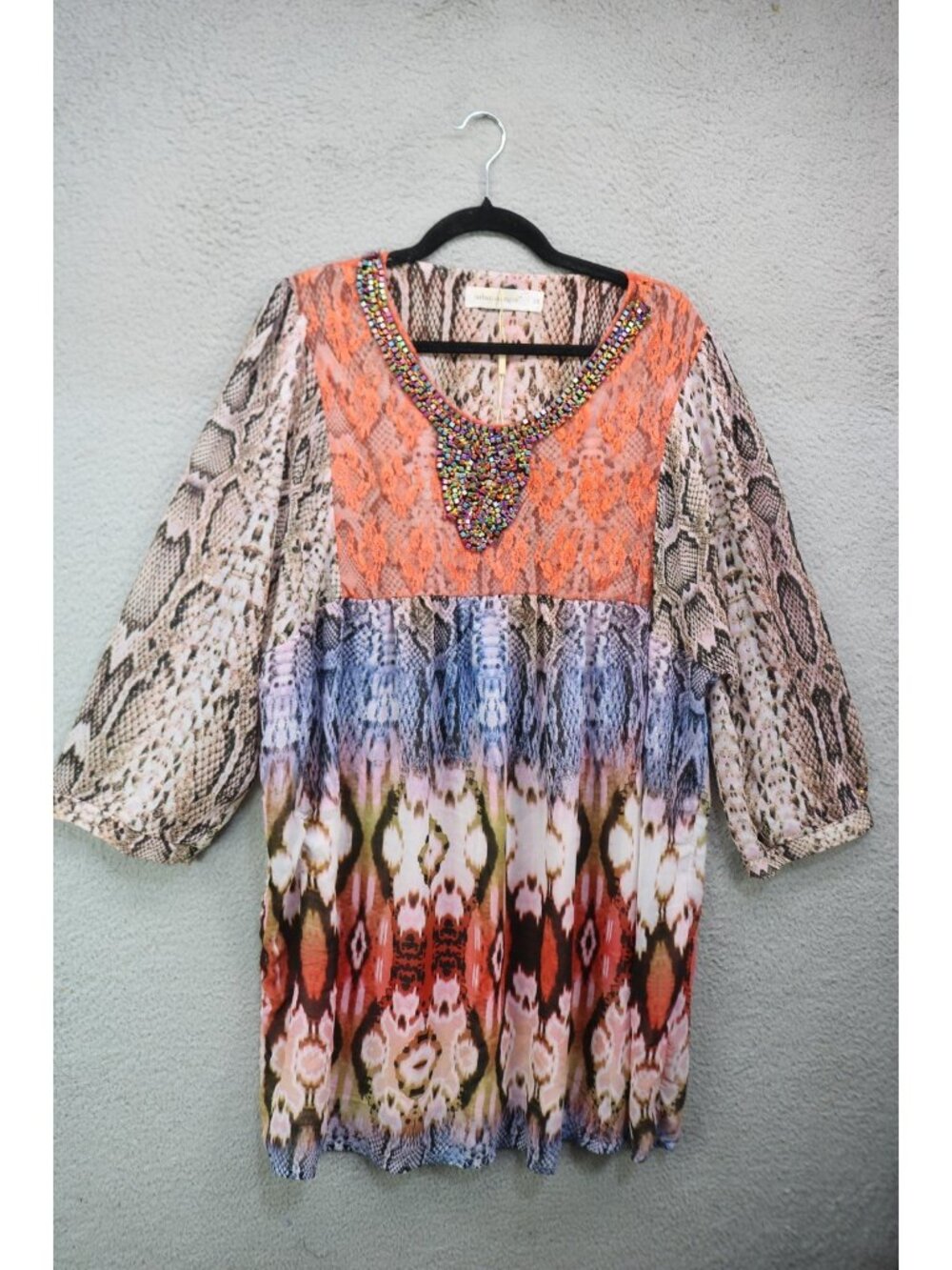 Urban Mangoz Babydoll Snakeprint Lace Beaded Dress-1X-New w/o Tag-Boho